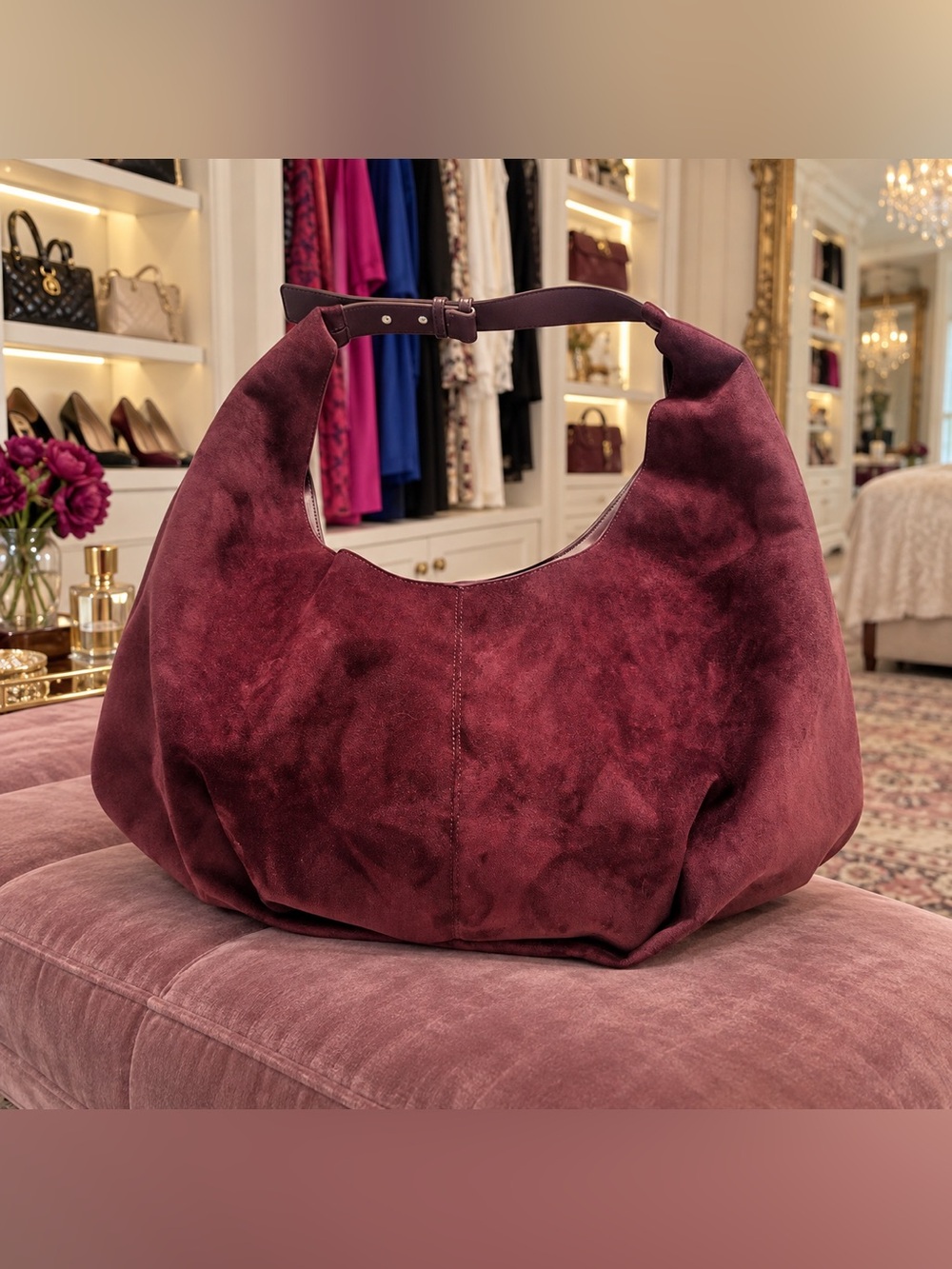 Suede Hobo Shoulder Bag in Deep Plum